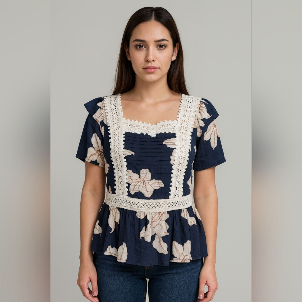 Entro Womens Cottagecore Boho Prairie Lace Trim Top Size Large New